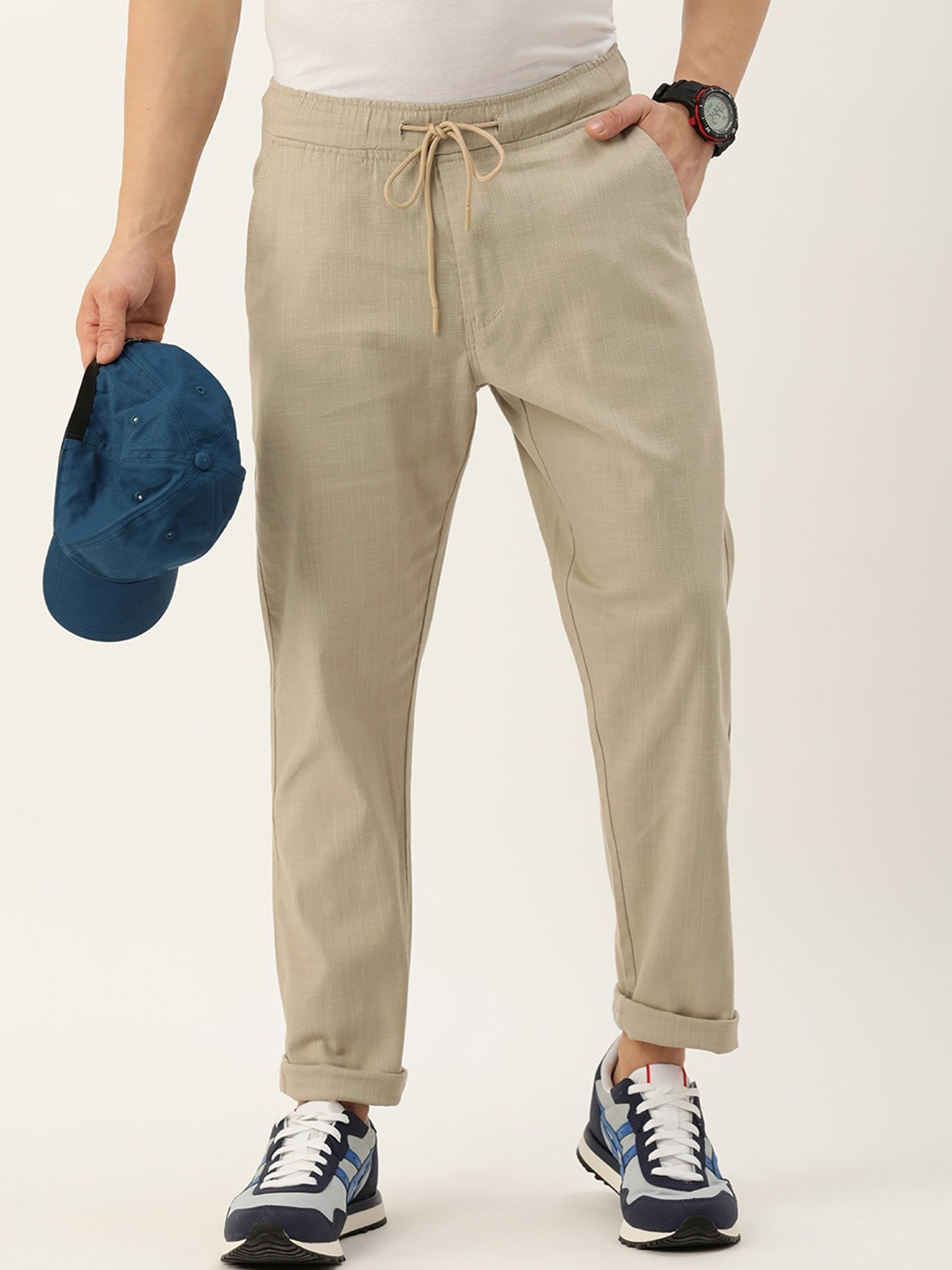 

POP CULTURE Men Mid-Rise Regular Trousers, Cream