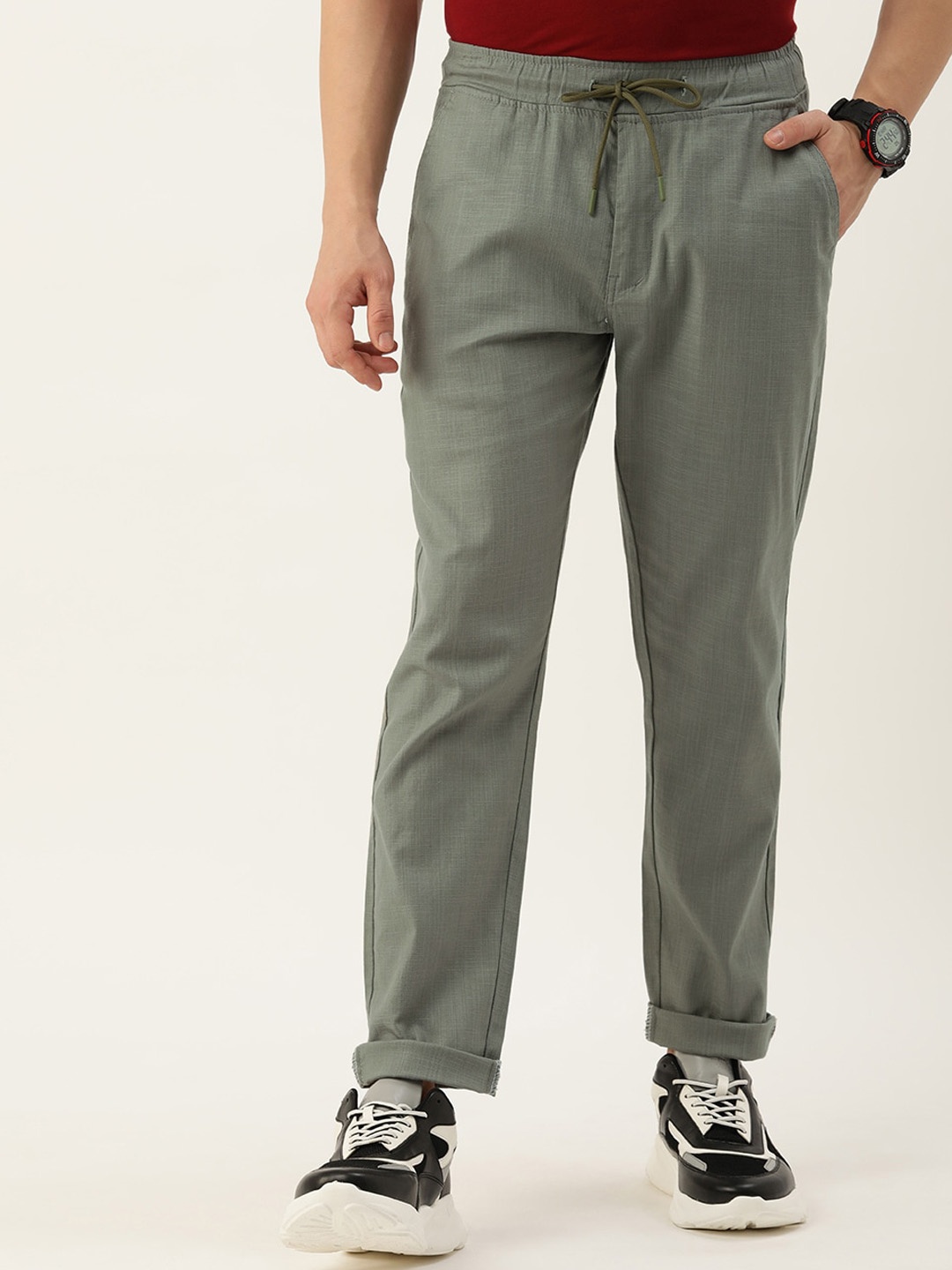 

POP CULTURE Men Cotton Chinos Trousers, Green