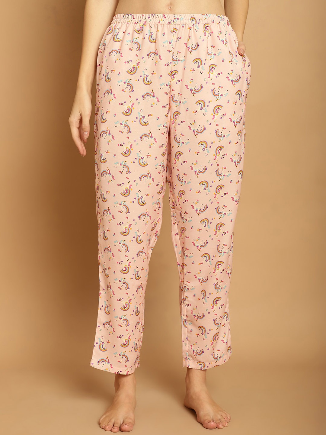 

Shararat Women Unicorn Printed Satin Lounge Pant, Pink