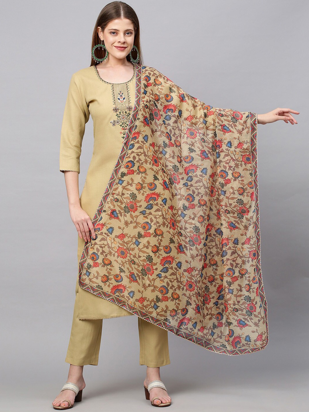 

KALINI Ethnic Motifs Yoke Design Kurta with Trousers & Dupatta, Beige