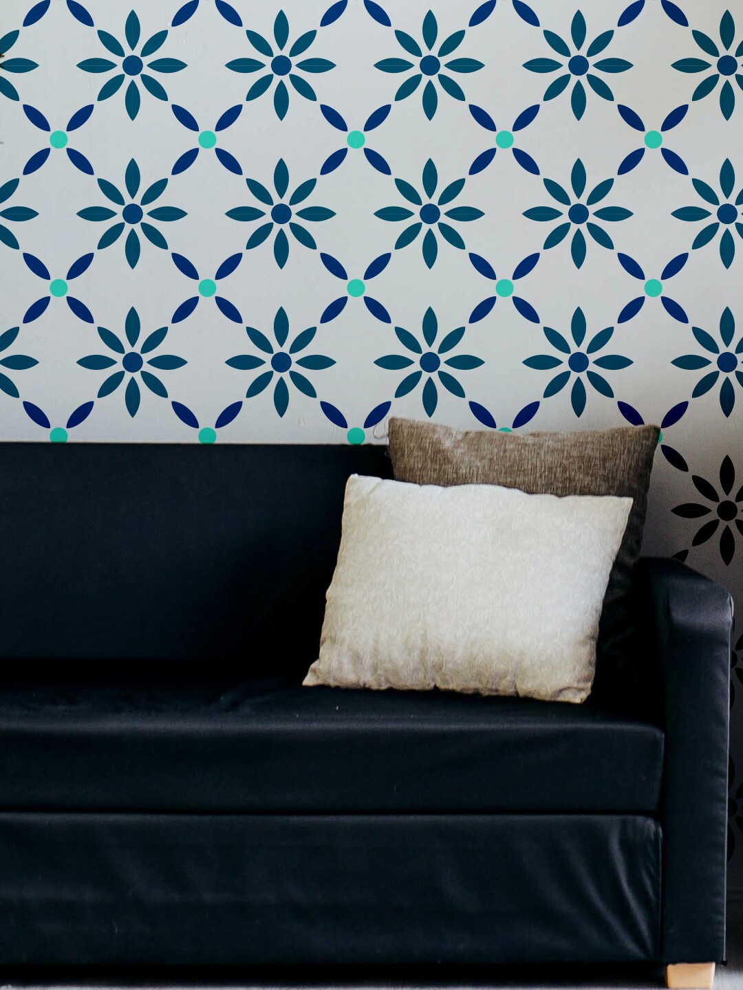 KAYRA DECOR White & Blue Wild Blooms Design Wall Painting For Stencil