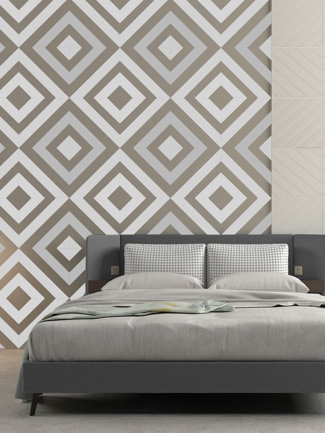 KAYRA DECOR White & Blue Geometric Design Wall Painting For Stencil