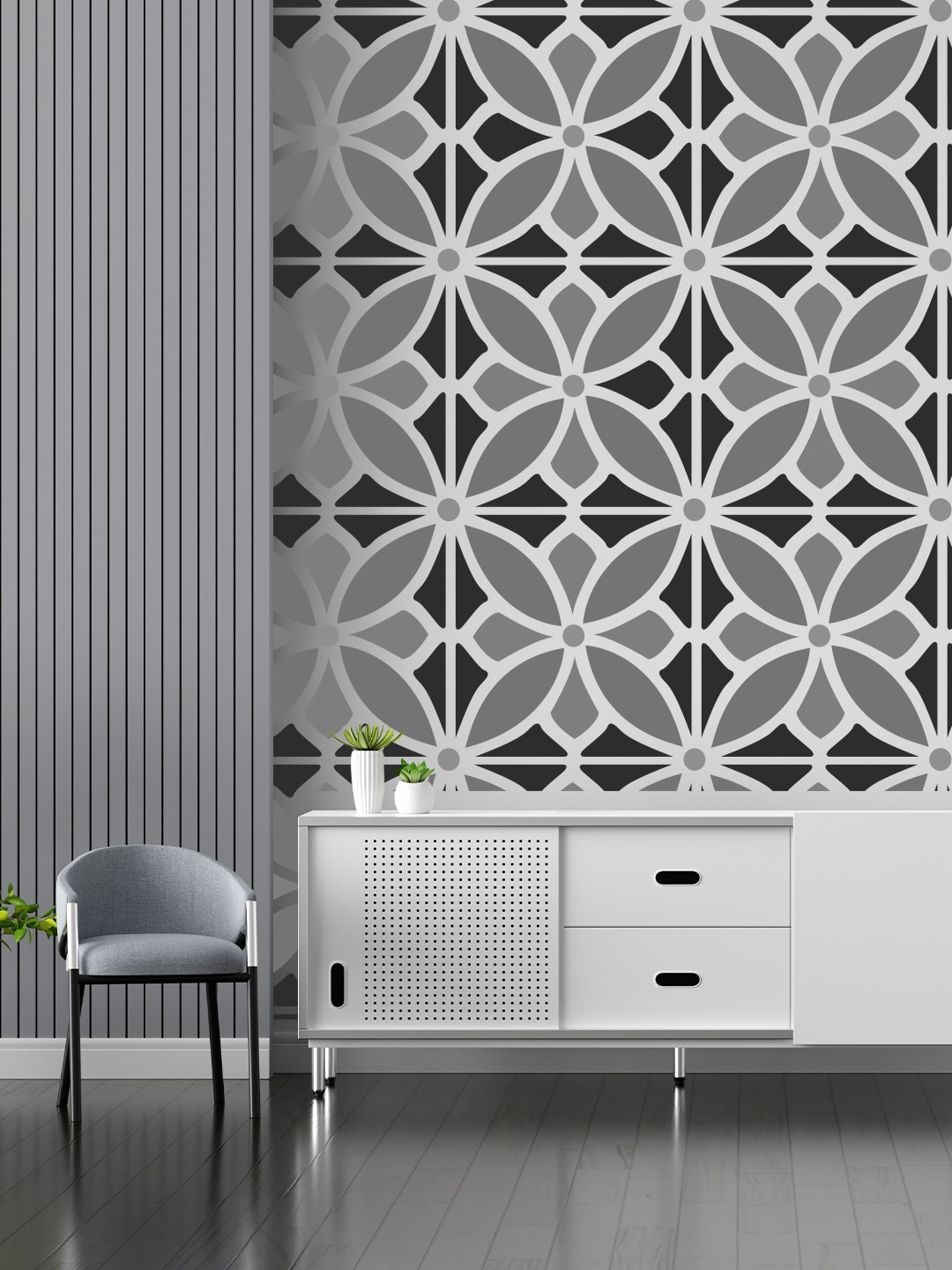 KAYRA DECOR White & Grey Audrey Design Wall Painting For Stencil