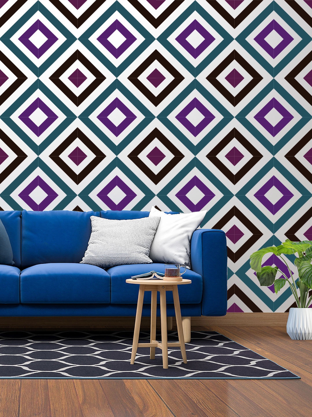 KAYRA DECOR White & Blue Geometric Design Wall Painting For Stencil