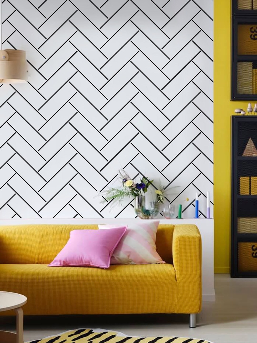 

Kayra Decor White & Black Herringbone Design Wall Painting For Stencil