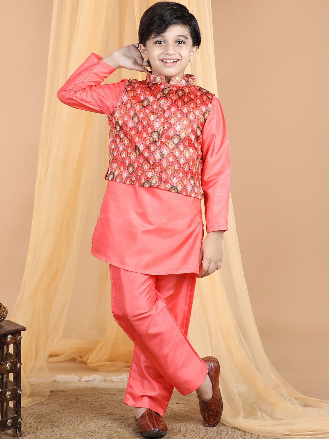 

Cutiekins Boys Mandarin Collar Art Silk Straight Kurta With Pyjamas & Nehru Jacket, Coral