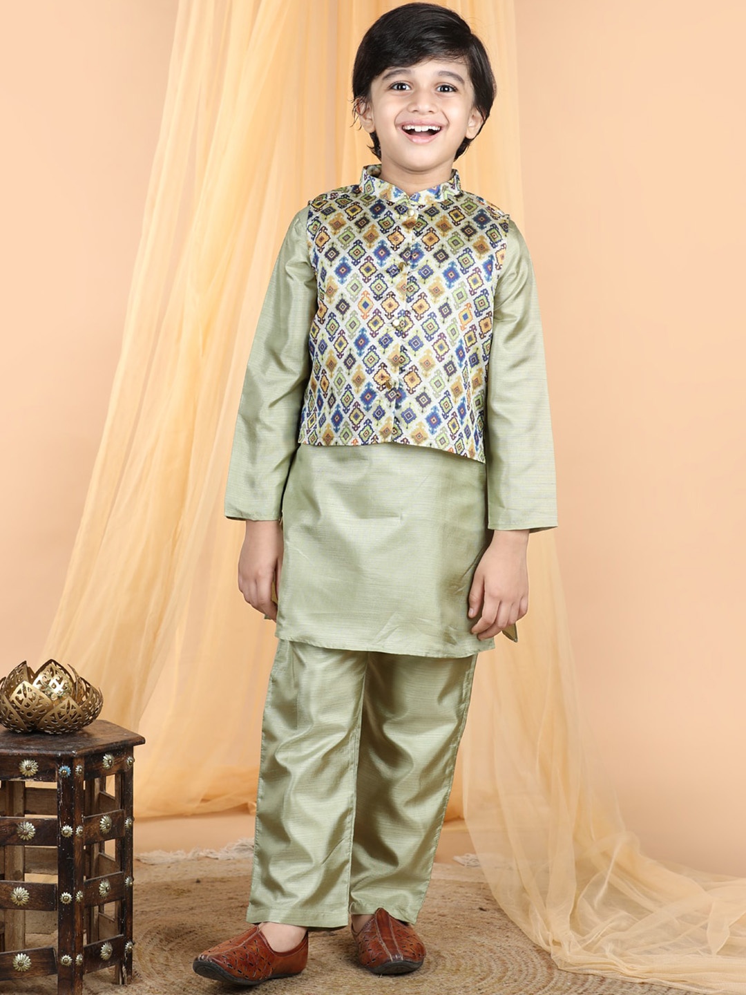 

Cutiekins Boys Mandarin Collar Kurta With Pyjama & Nehru Jacket, Olive