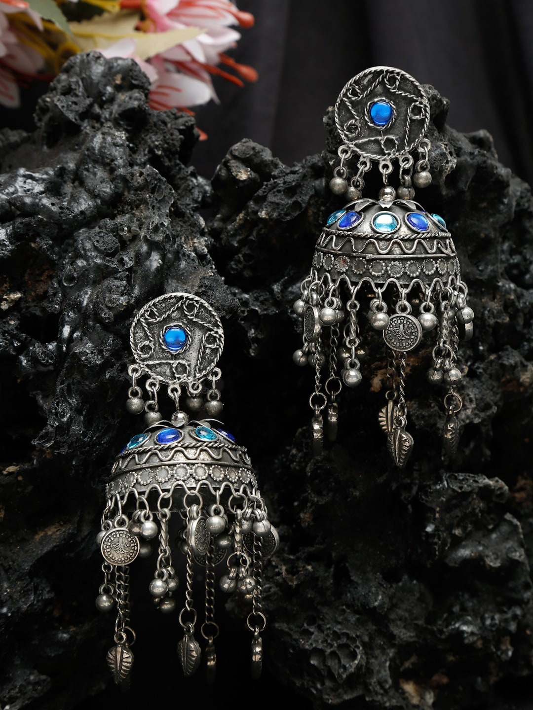 

Sangria Silver-Plated Oxidised Stone Studded Jhumkas