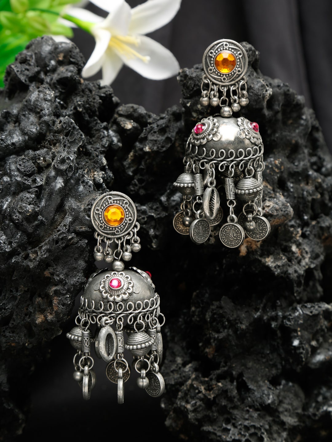 

Sangria Silver-Plated Oxidised Stone Studded Jhumkas