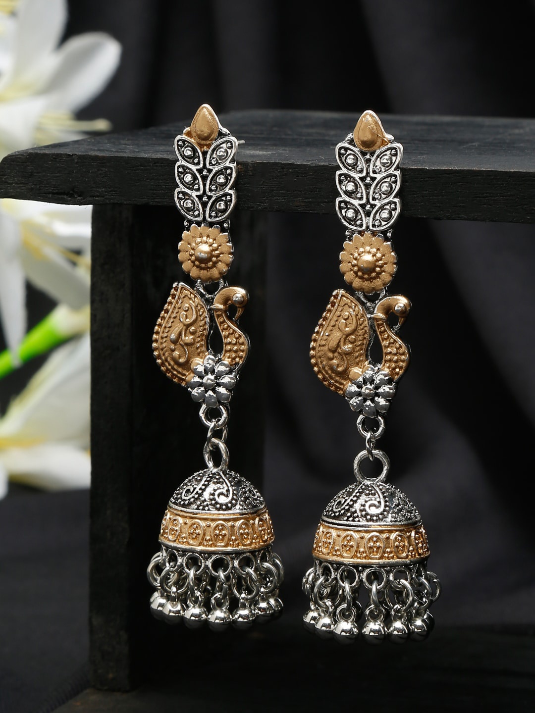 

Sangria Silver-Plated Oxidised Peacock Shaped Jhumkas