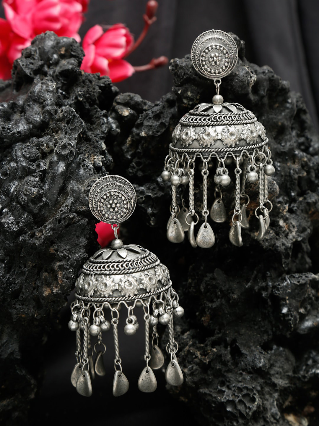 

Sangria Silver-Plated Oxidised Dome Shaped Jhumkas