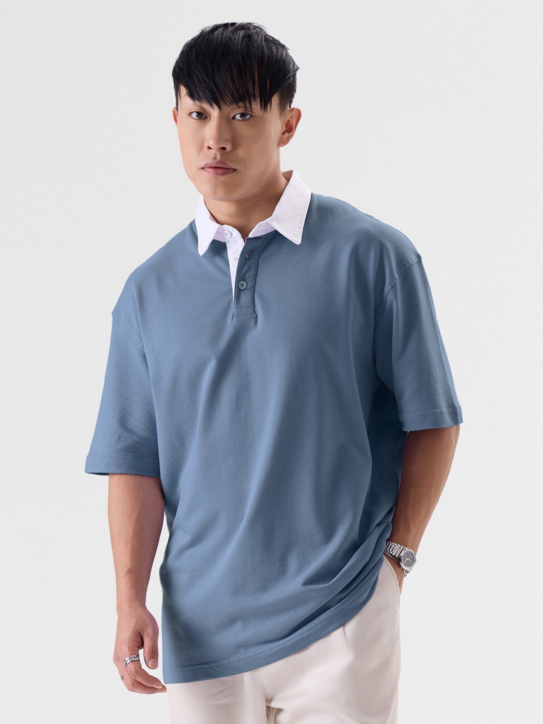 

The Souled Store Blue Polo Collar Pure Cotton Oversized T-Shirt