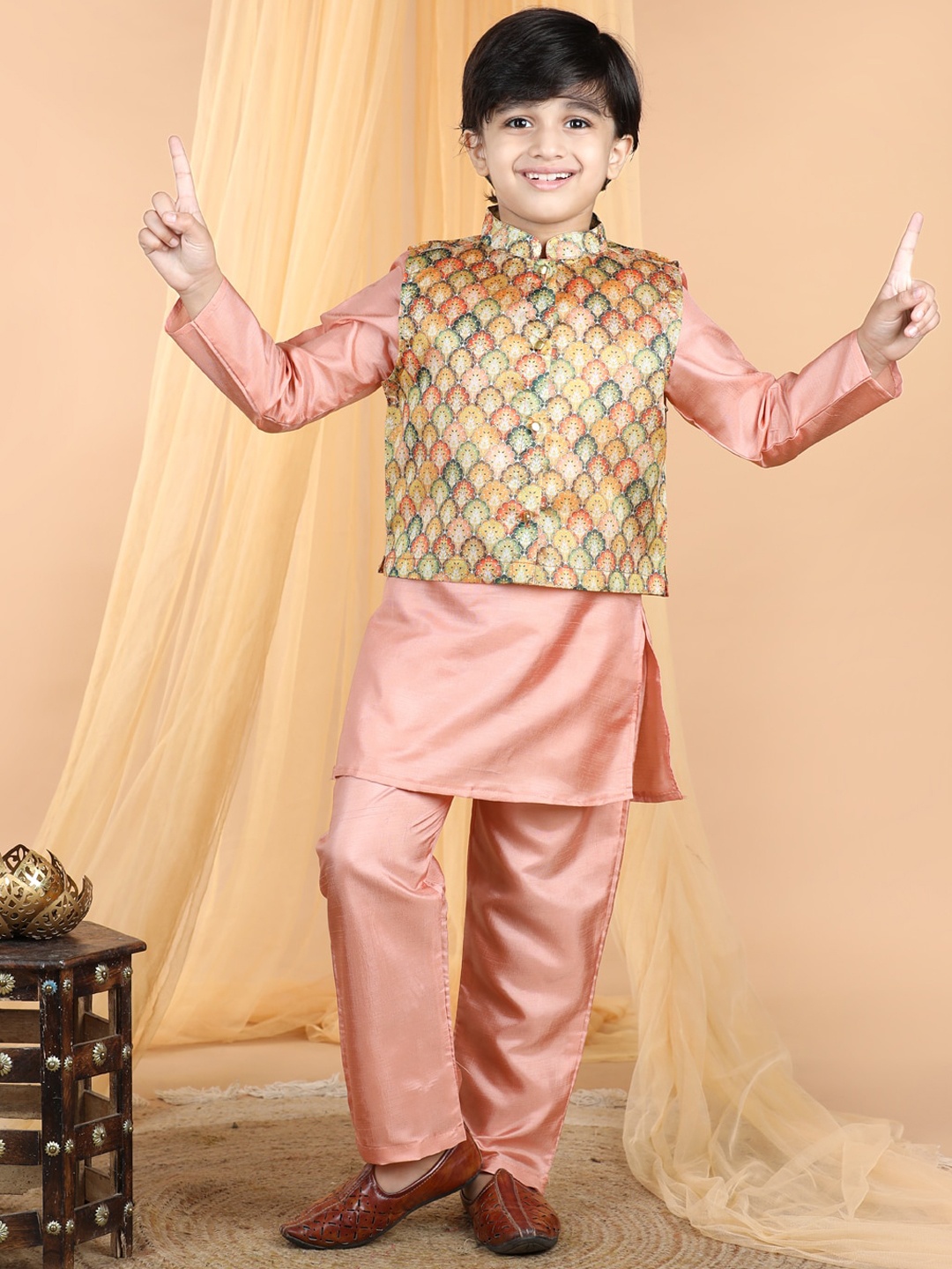 

Cutiekins Boys Mandarin Collar Regular Art Silk Kurta With Pyjamas & Nehru Jacket, Peach