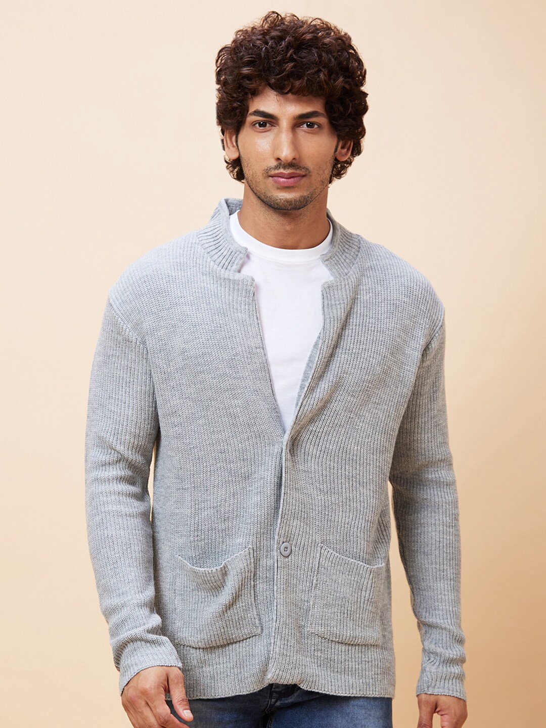 

Globus Ribbed Mandarin Collar Cardigan, Grey