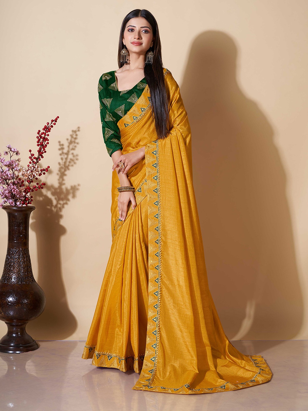 

choiceit Embroidered Silk Cotton Kasavu Saree, Mustard