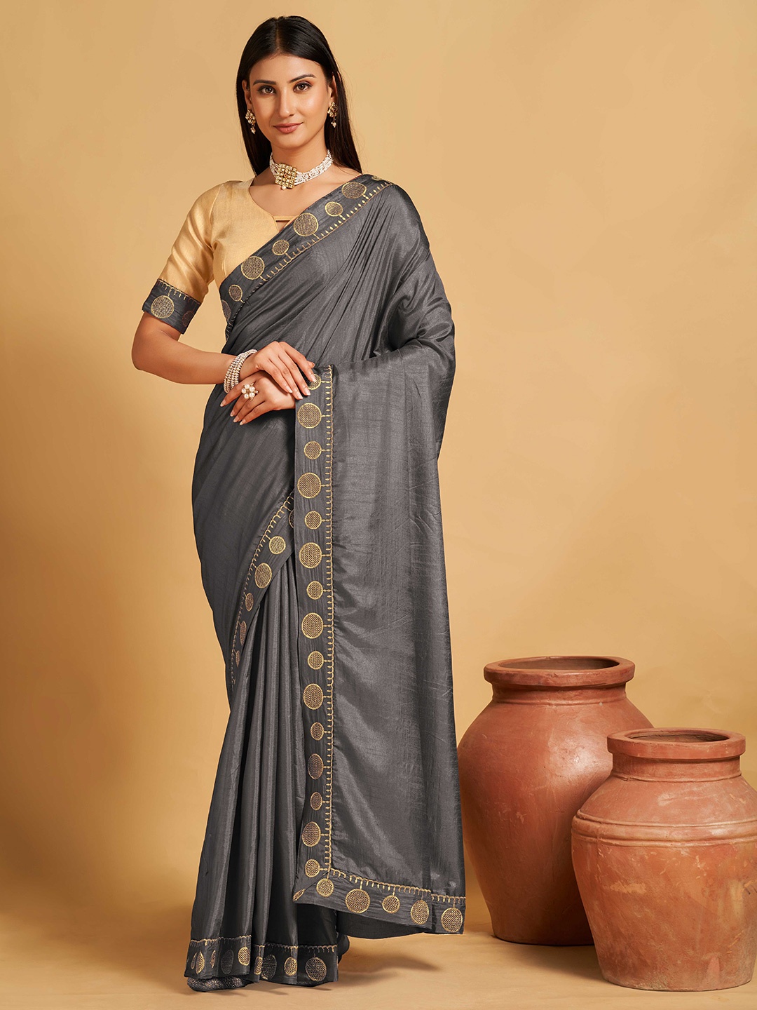 

choiceit Embroidered Silk Cotton Kasavu Saree, Grey