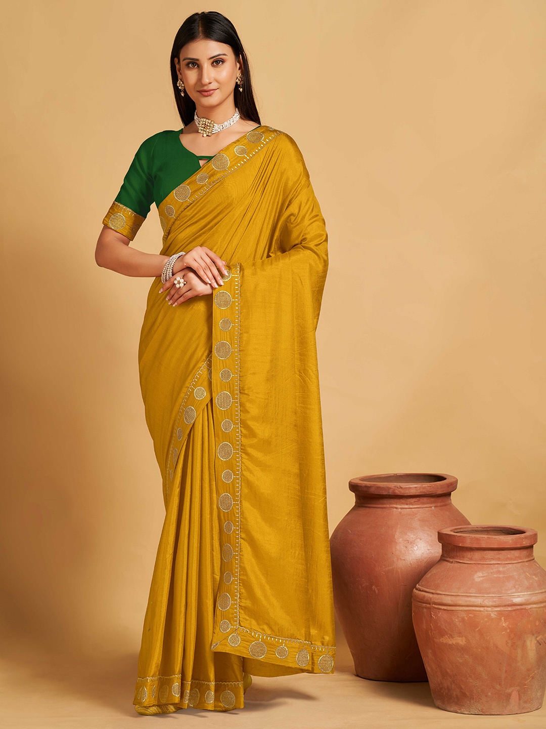 

choiceit Embroidered Silk Cotton Kasavu Saree, Mustard