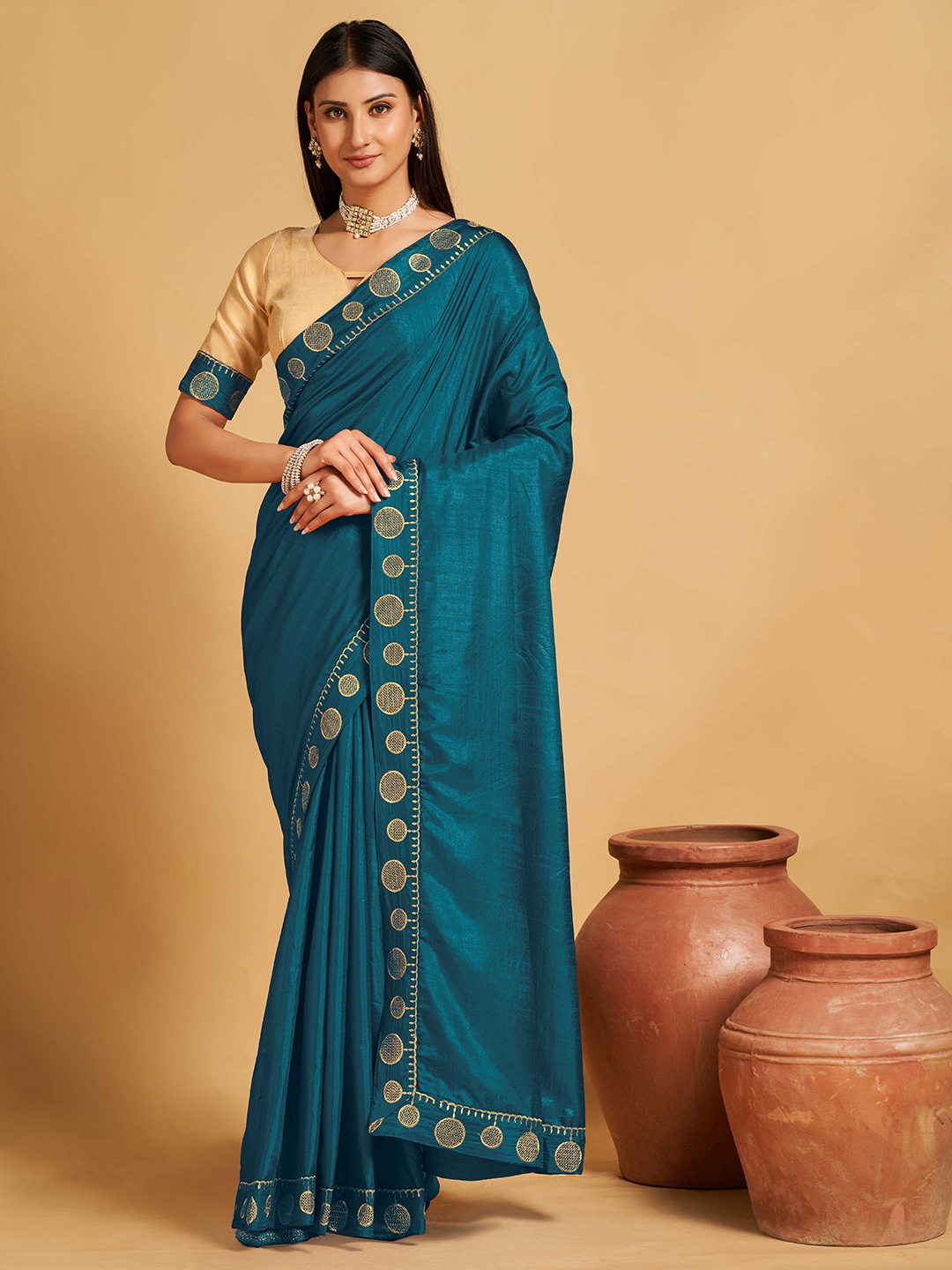 

choiceit Embroidered Silk Cotton Kasavu Saree, Green