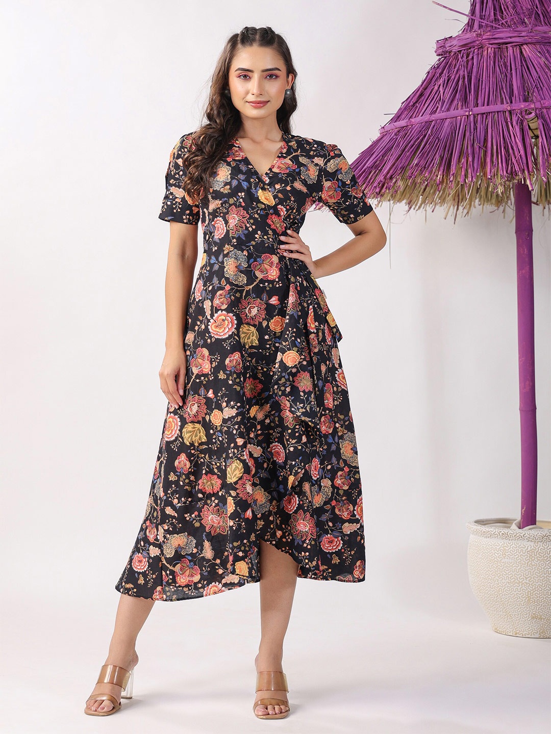 

JISORA Floral Printed Cotton Wrap Midi Dress, Black
