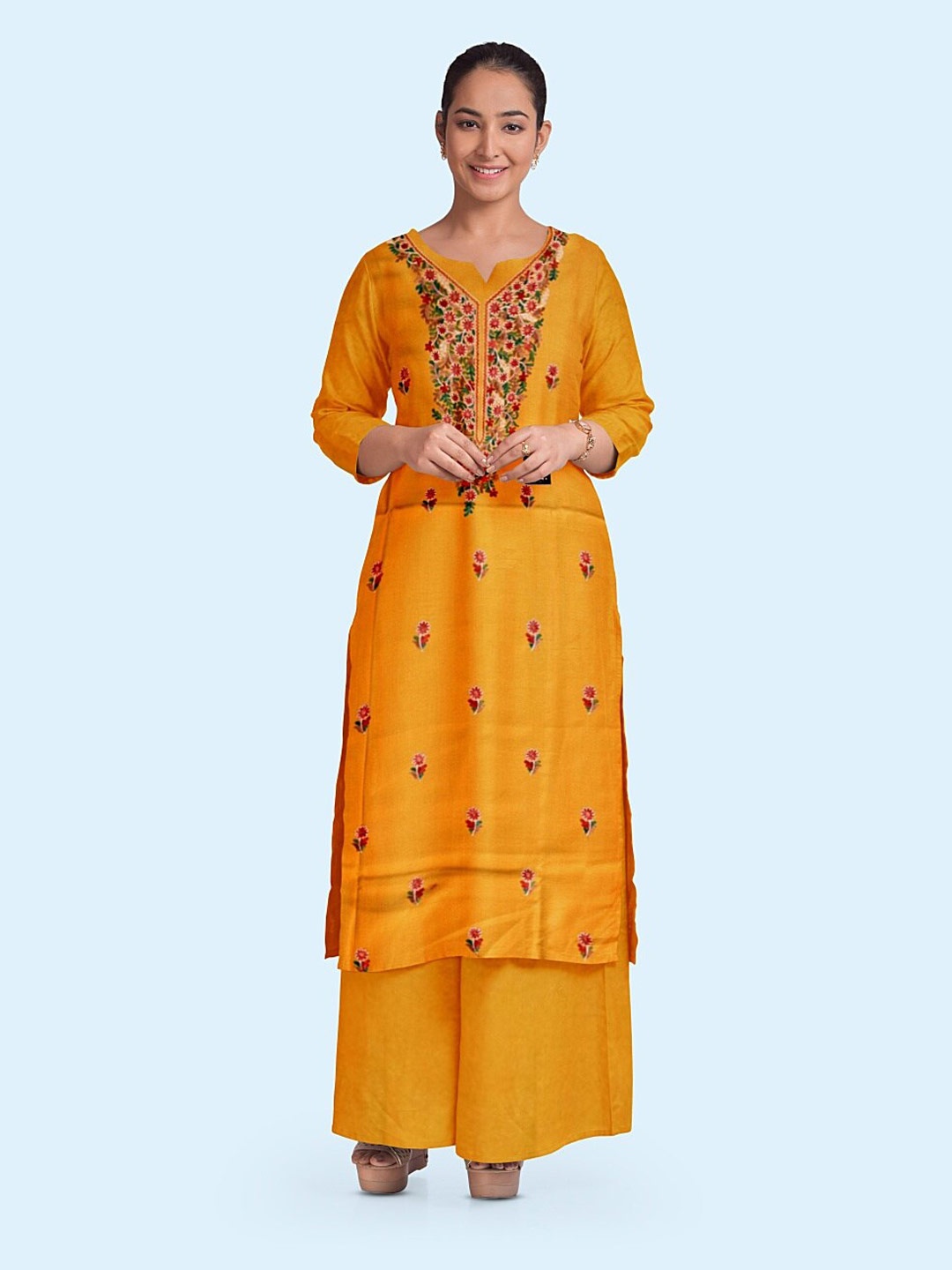 

CASMIR Floral Embroidered Pashmina Unstitched Dress Material, Mustard