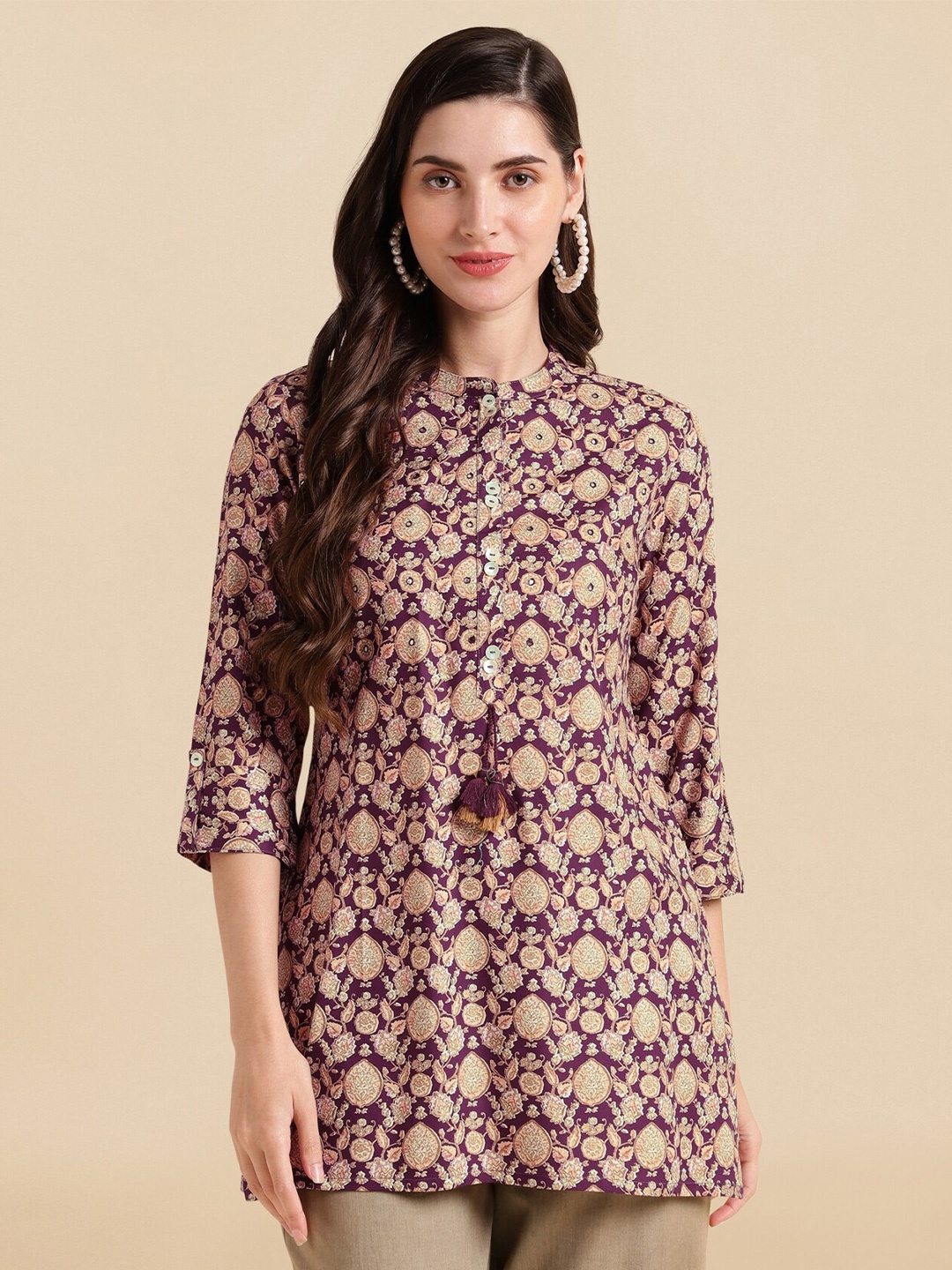 

KALINI Ethnic Motifs Printed Mandarin Collar Tunic, Magenta
