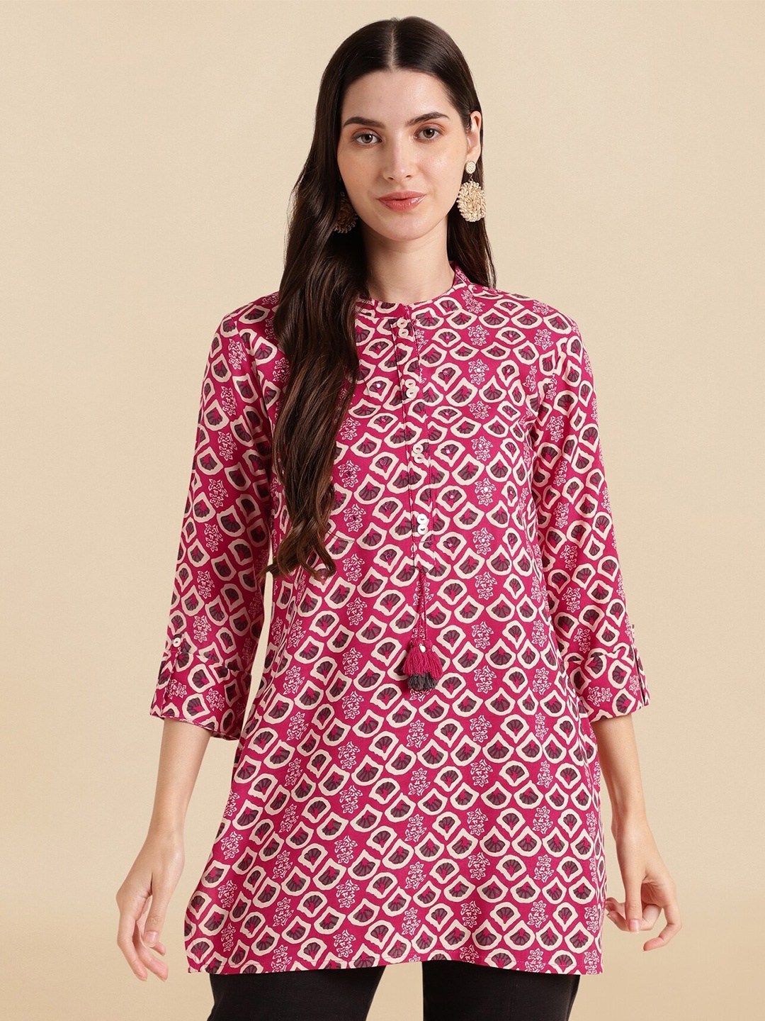 

KALINI Ethnic Motifs Printed Mandarin Collar Tunic, Pink