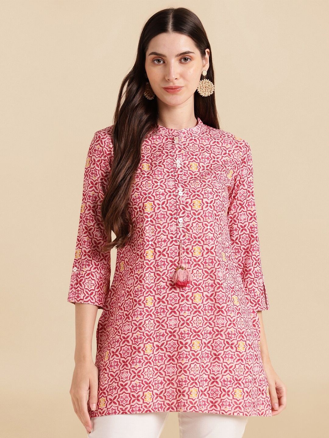 

KALINI Ethnic Motifs Printed Mandarin Collar Tunic, Pink