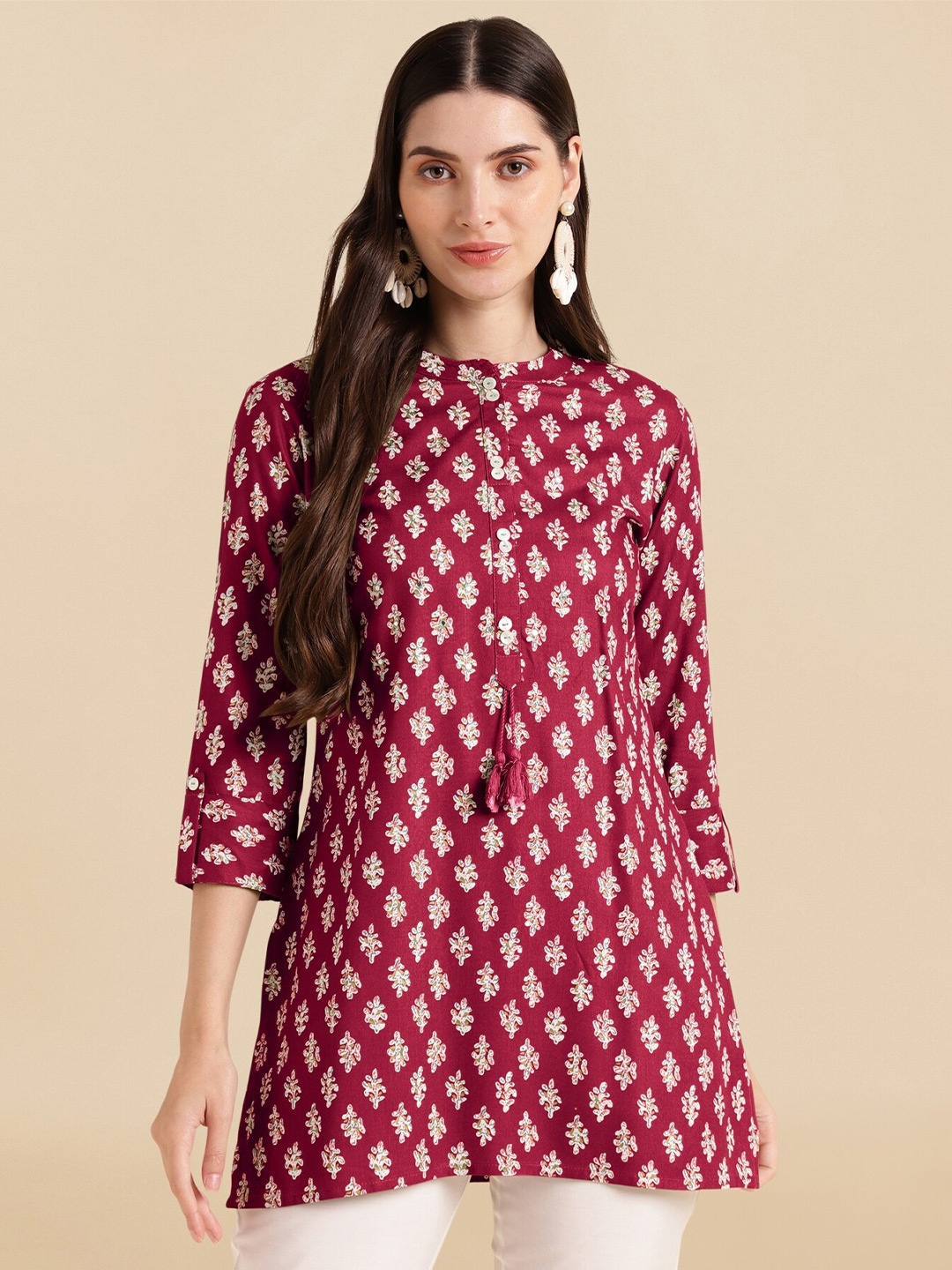 

KALINI Mandarin Collar Ethnic Printed Tunic, Maroon