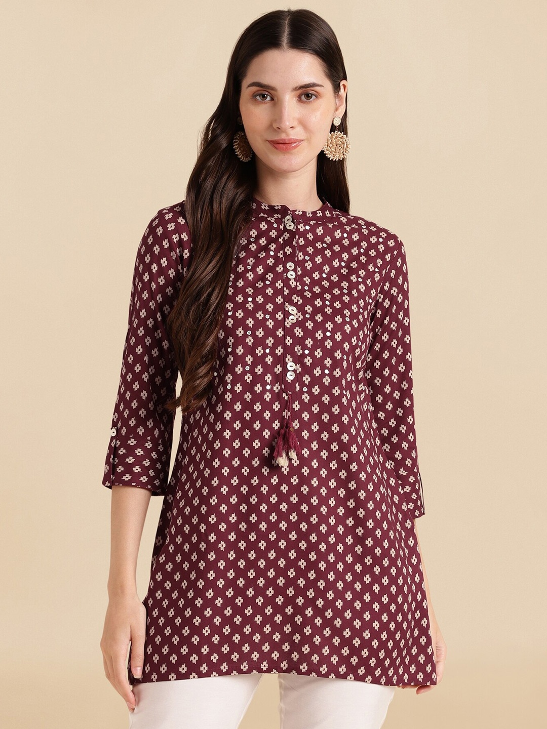 

KALINI Floral Printed Mandarin Collar Tunic, Maroon