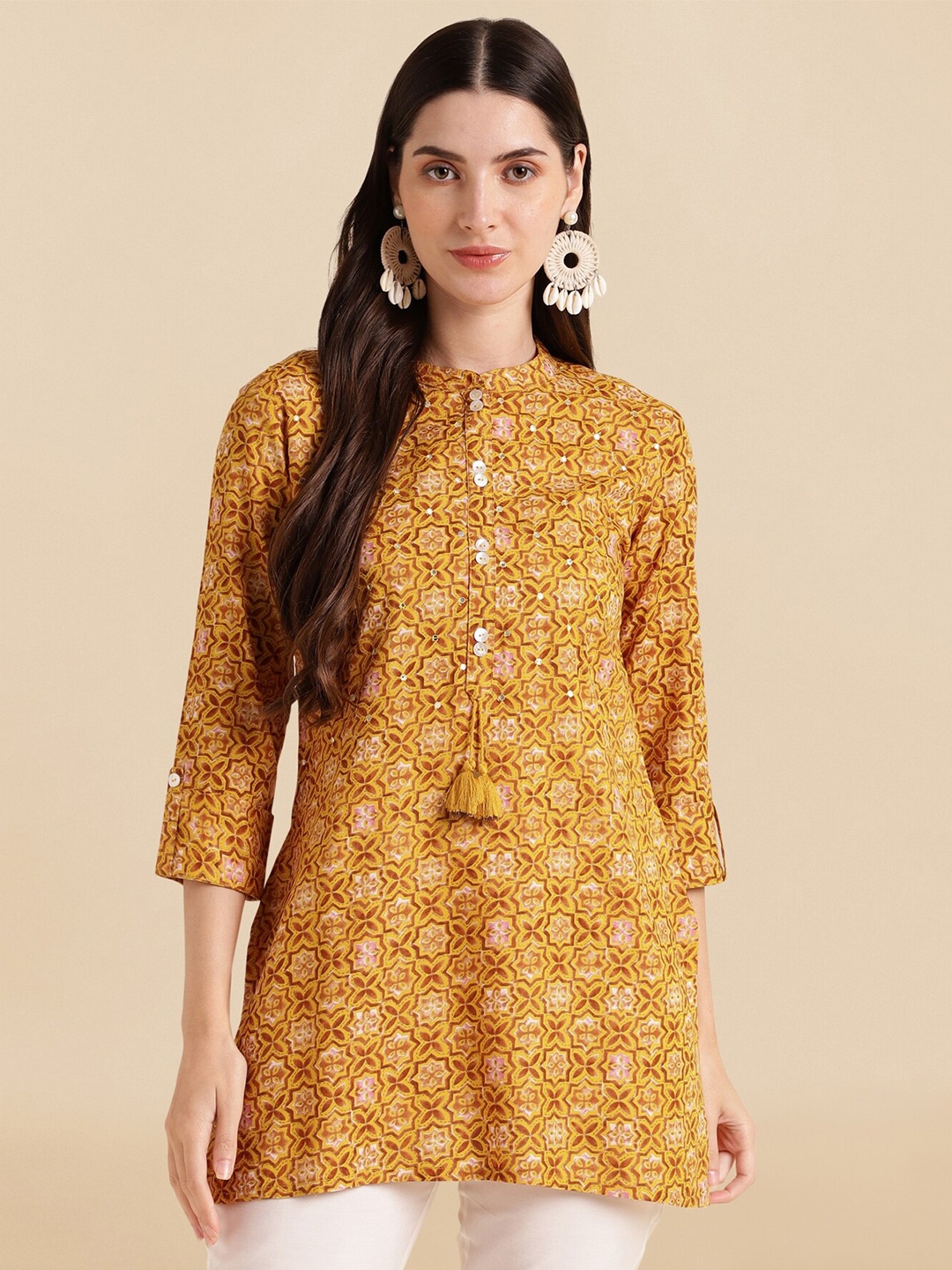 

KALINI Ethnic Motifs Printed Straight Kurti, Mustard