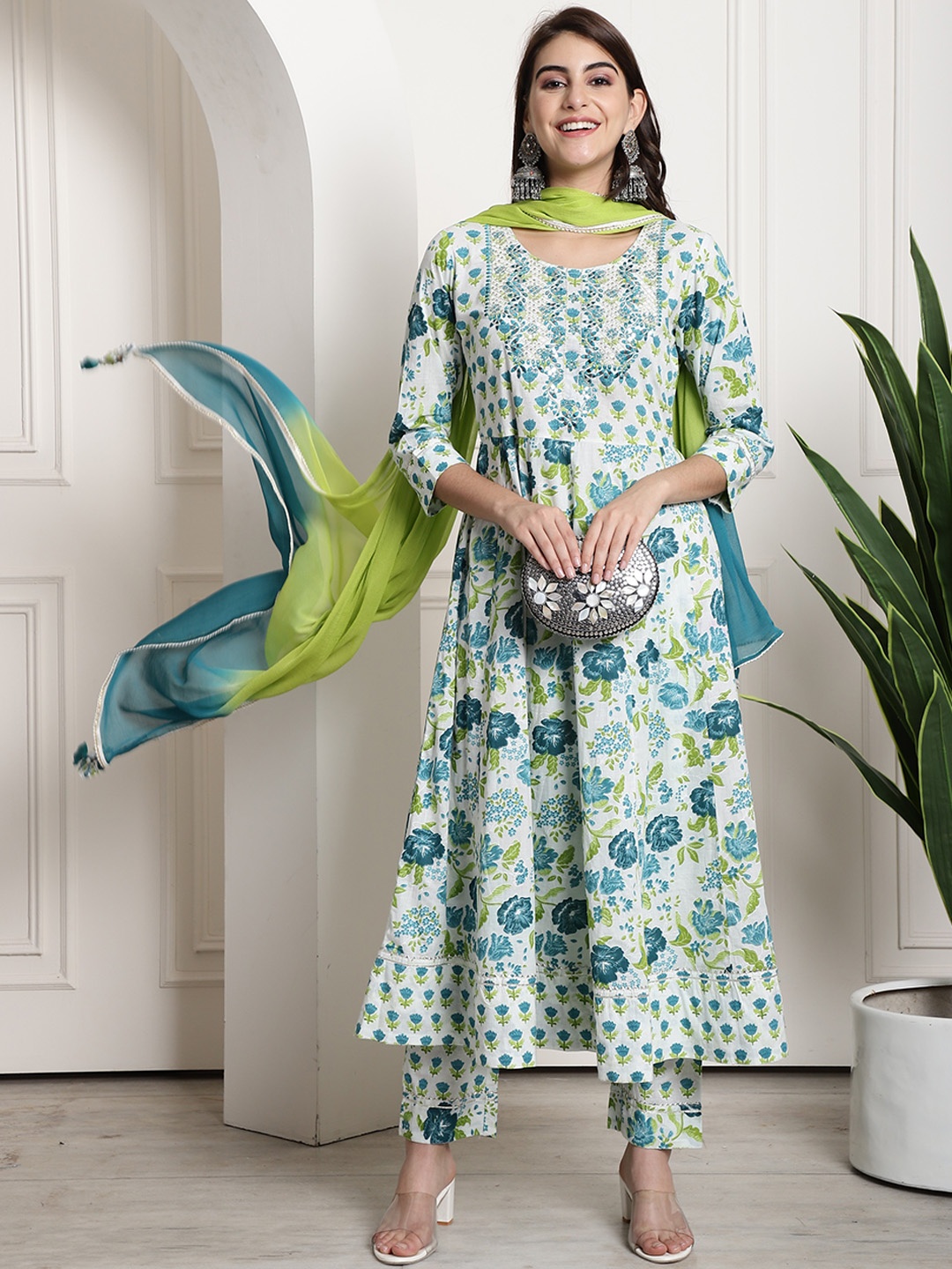 

Rajnandini Women White Ethnic Motifs Printed Regular Sequinned Pure Cotton Kurta with Trousers & With Dupatta