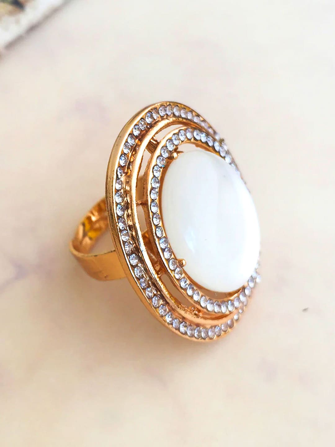 

PRIVIU Gold-Plated Rhinestone Stone-Studded Adjustable Finger Ring