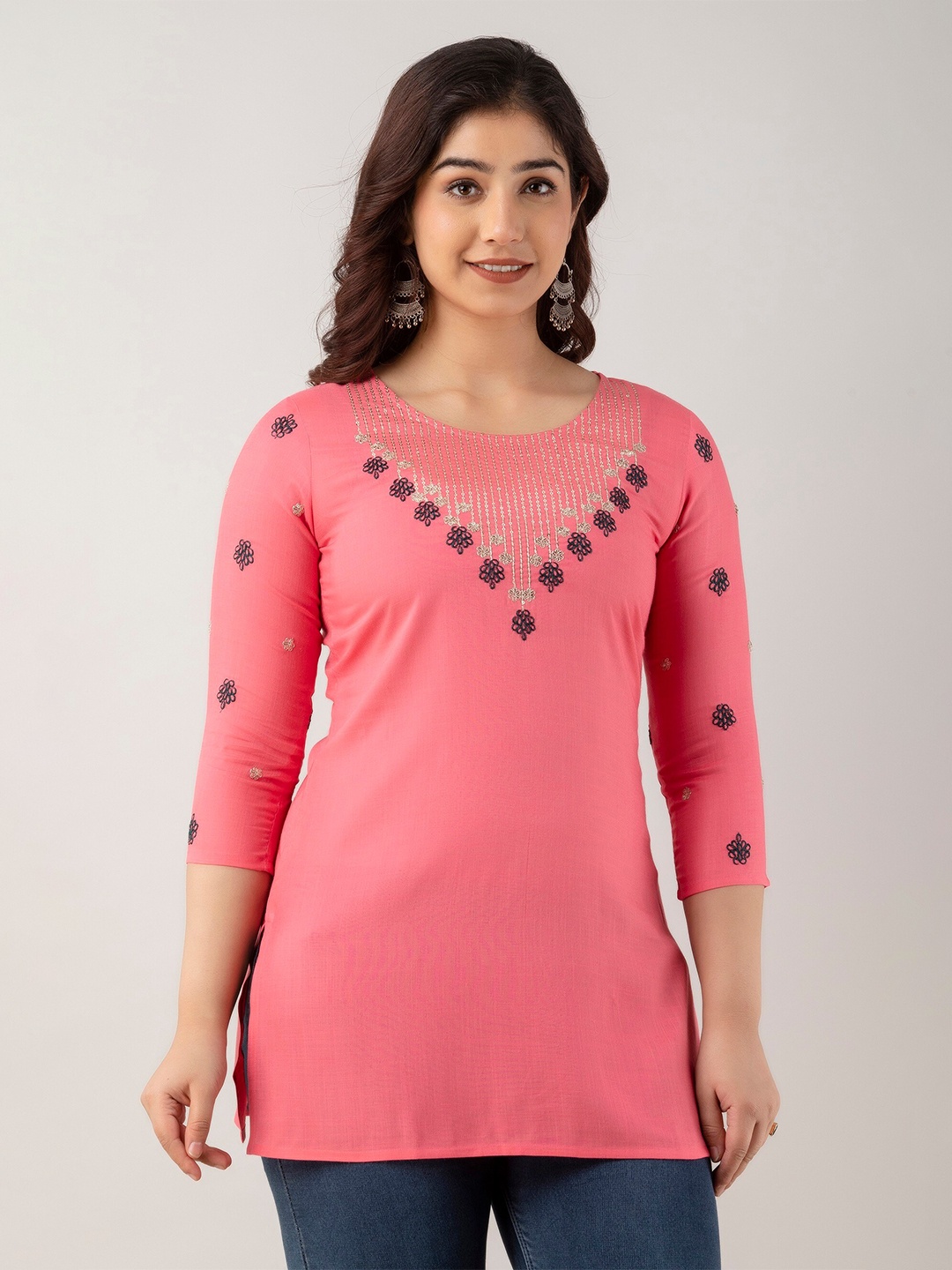 

Charu Floral Yoke Design Thread Work Straight Kurti, Peach