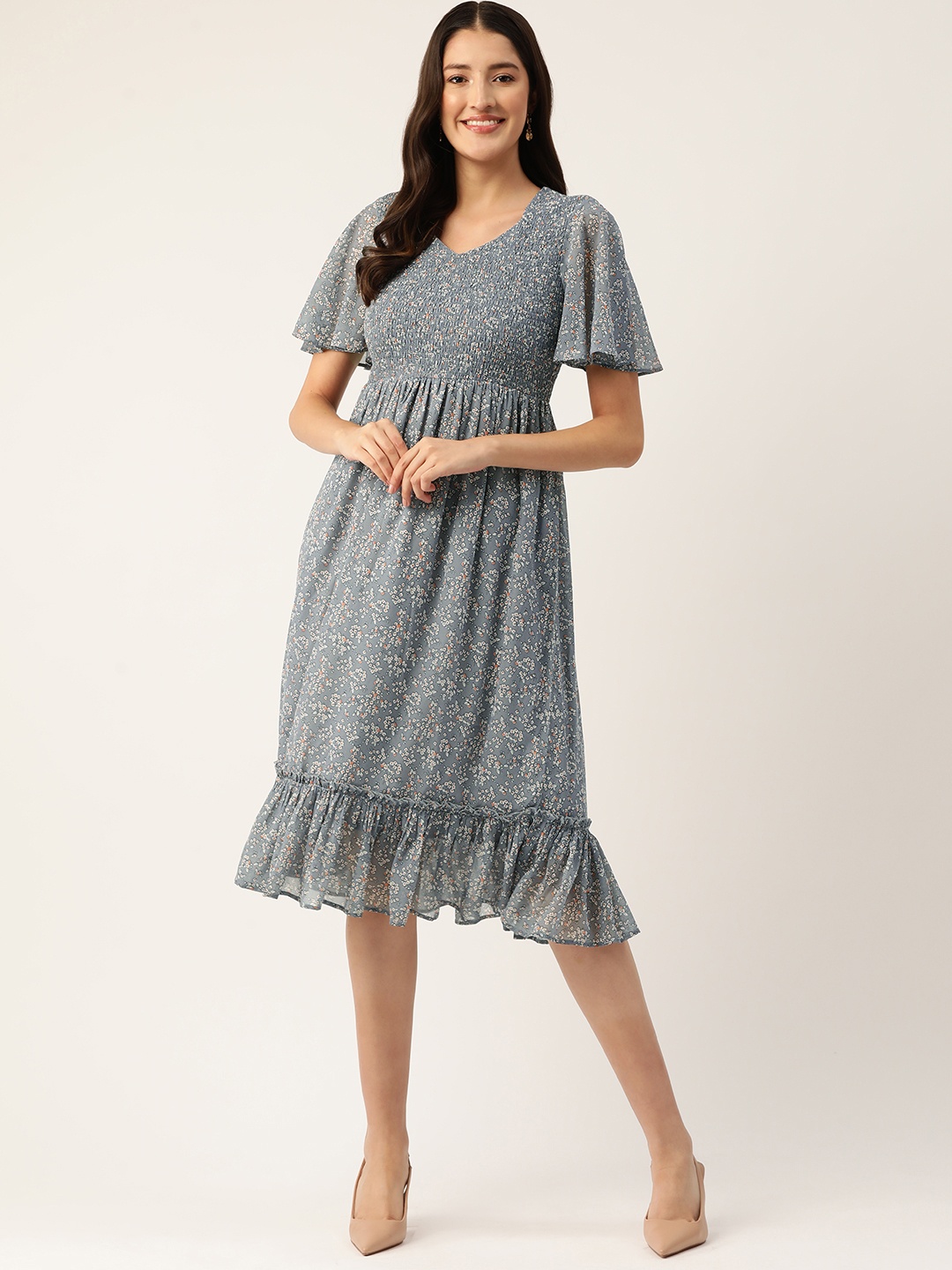 

Slenor Floral Print Flared Sleeve Georgette A-Line Midi Dress, Blue