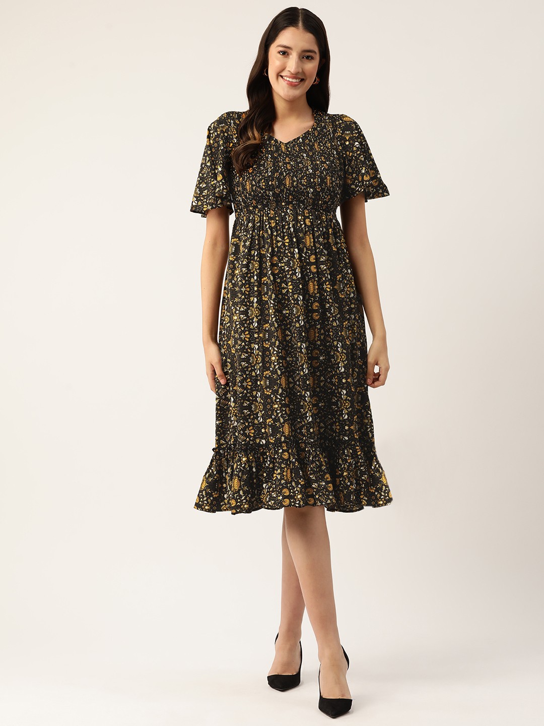

Slenor Floral Print Flared Sleeve Crepe A-Line Midi Dress, Black
