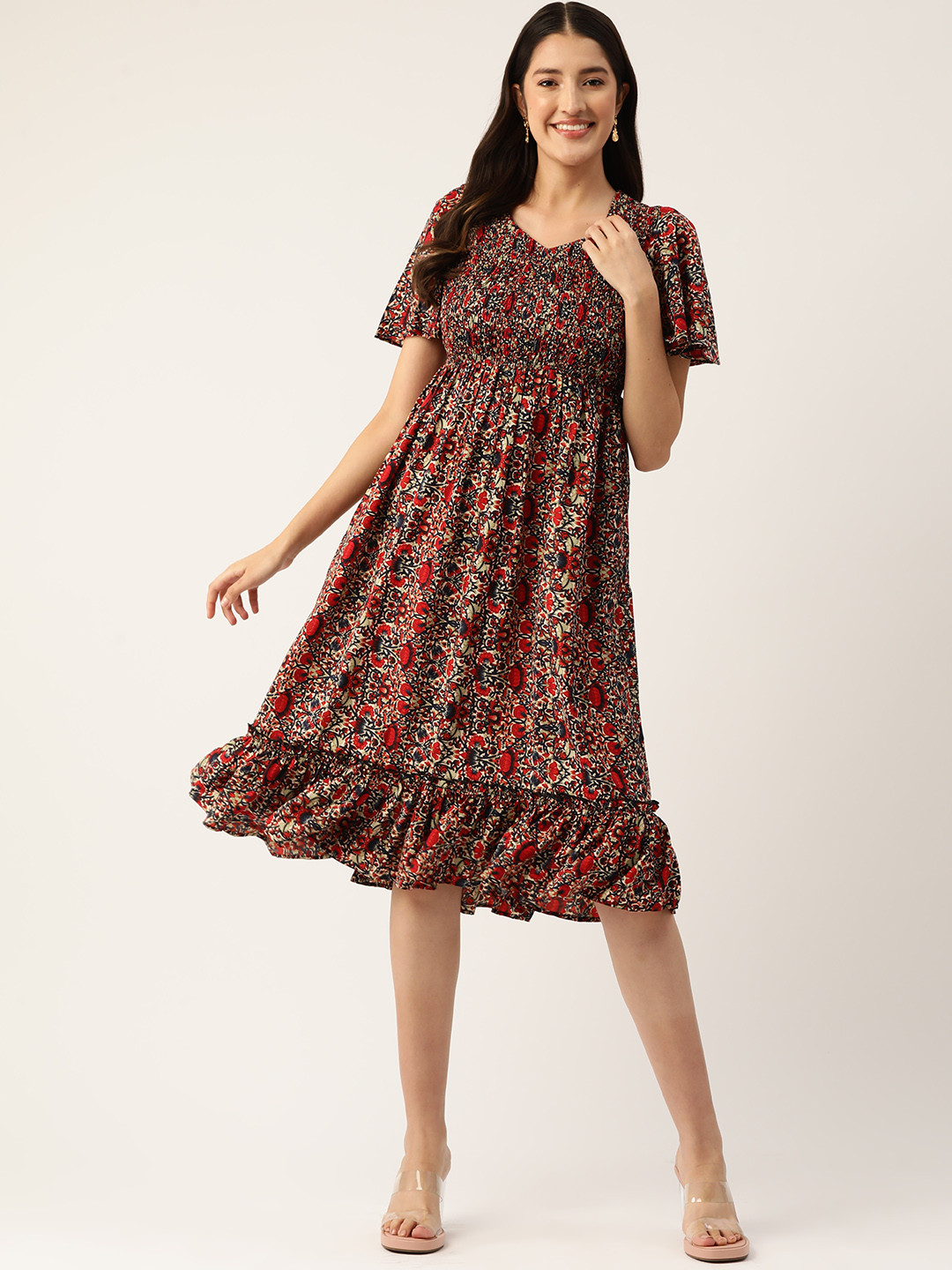 

Slenor Floral Print Flared Sleeve Crepe A-Line Midi Dress, Navy blue