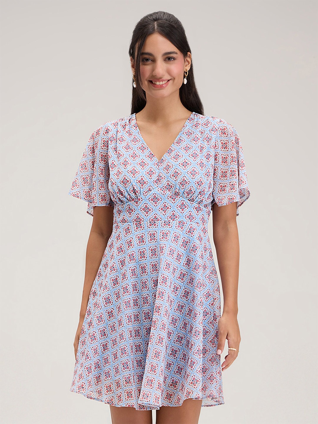 

20Dresses Ethnic Motifs Printed Flared Sleeves Fit & Flare Dress, Blue