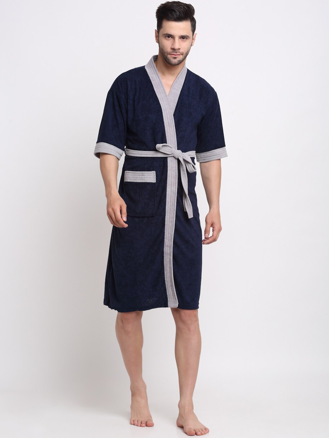

Creeva Everyday Collection Shawl Collar Terry Bath Robe With Front Pocket, Navy blue