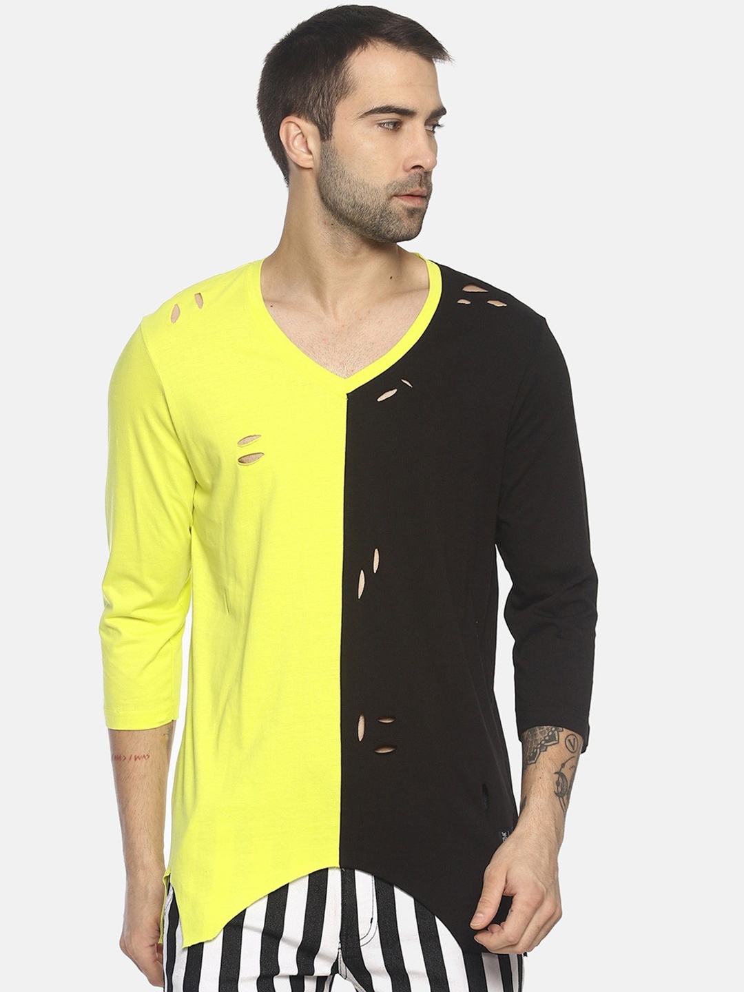 

KULTPRIT Colourblocked V-Neck Slim Fit Cotton Casual T-shirt, Yellow
