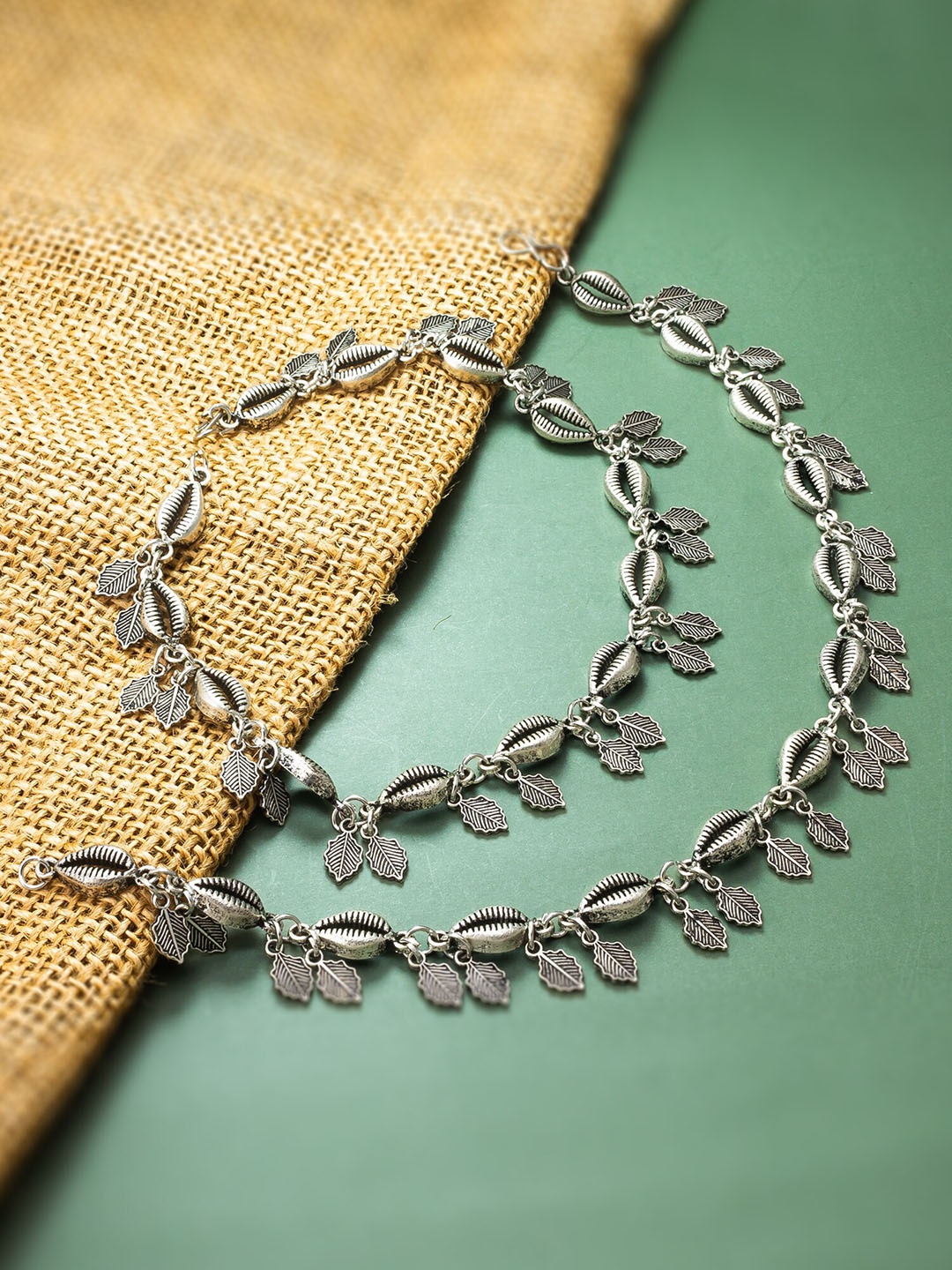 

aadita Set Of 2 Silver Textured Anklets