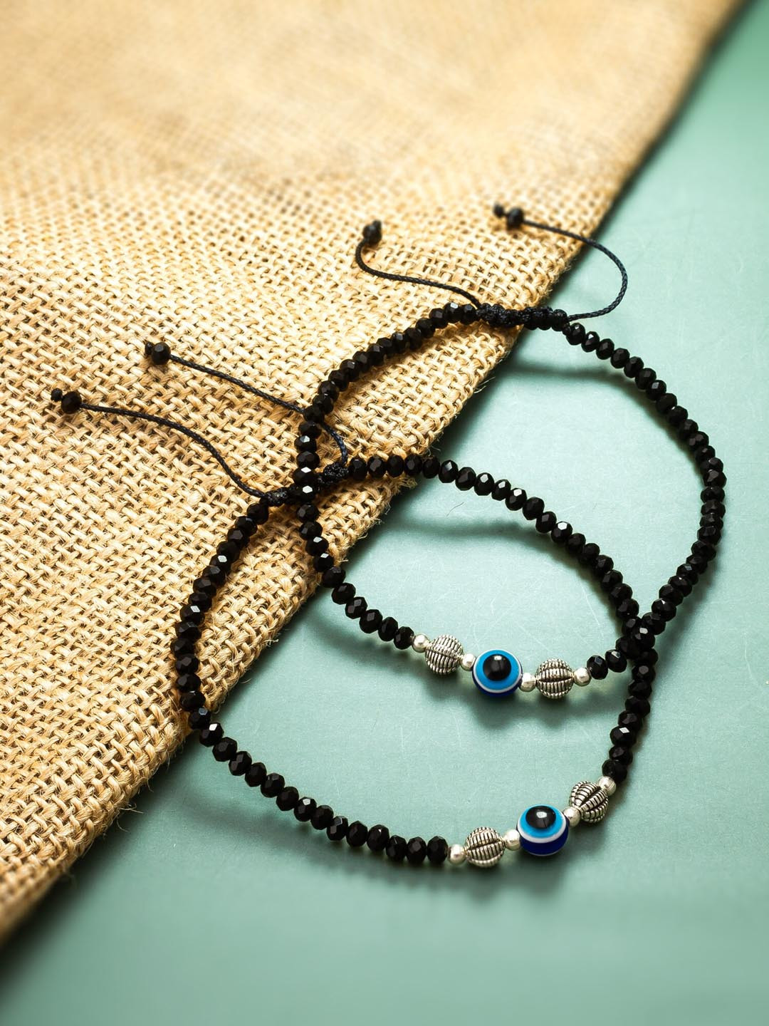 

aadita Set Of 2 Silver Beaded Evil Eye Anklets
