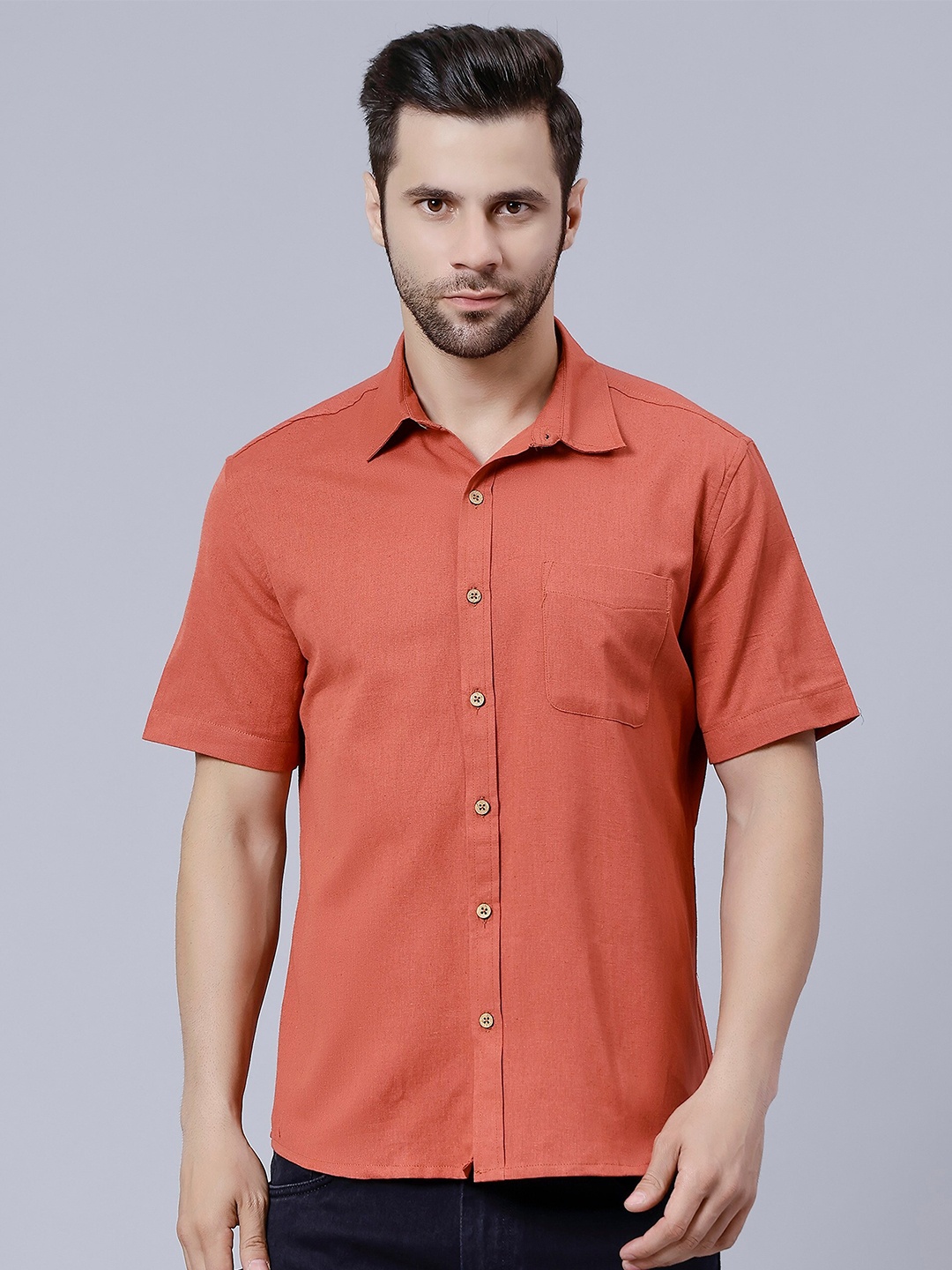 

Biglilpeople Spread Collar Chest Pocket Cotton Casual Shirt, Rust