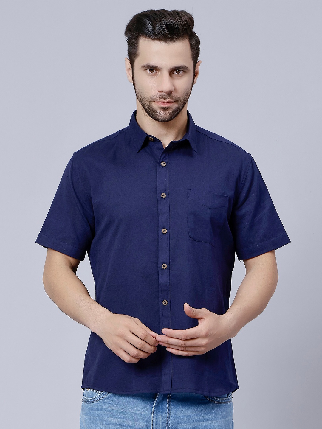 

Biglilpeople Spread Collar Cotton Casual Shirt, Navy blue
