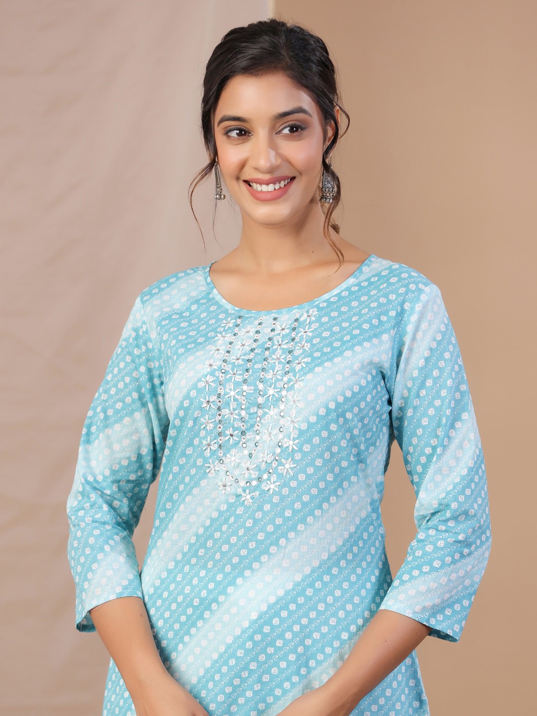 

Sangria Geometric Printed Mirror Work Detailed Pure Cotton Kurtas, Blue