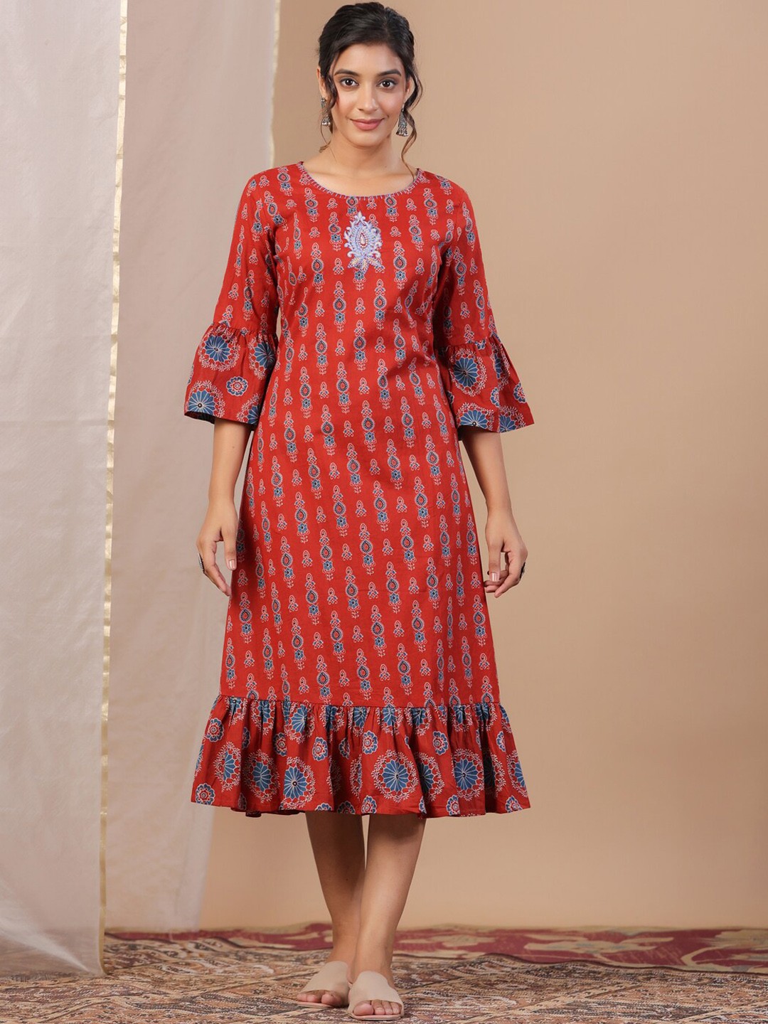

Sangria Ethnic Motifs Printed A-Line Midi Pure Cotton Ethnic Dress, Red