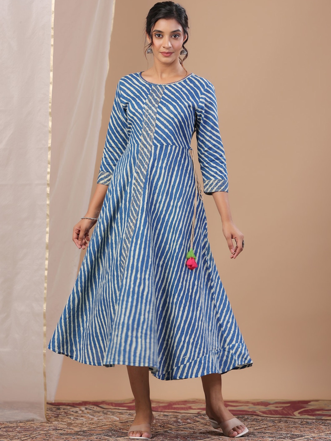 

Sangria Striped Embroidered A-Line Cotton Ethnic Dress, Navy blue