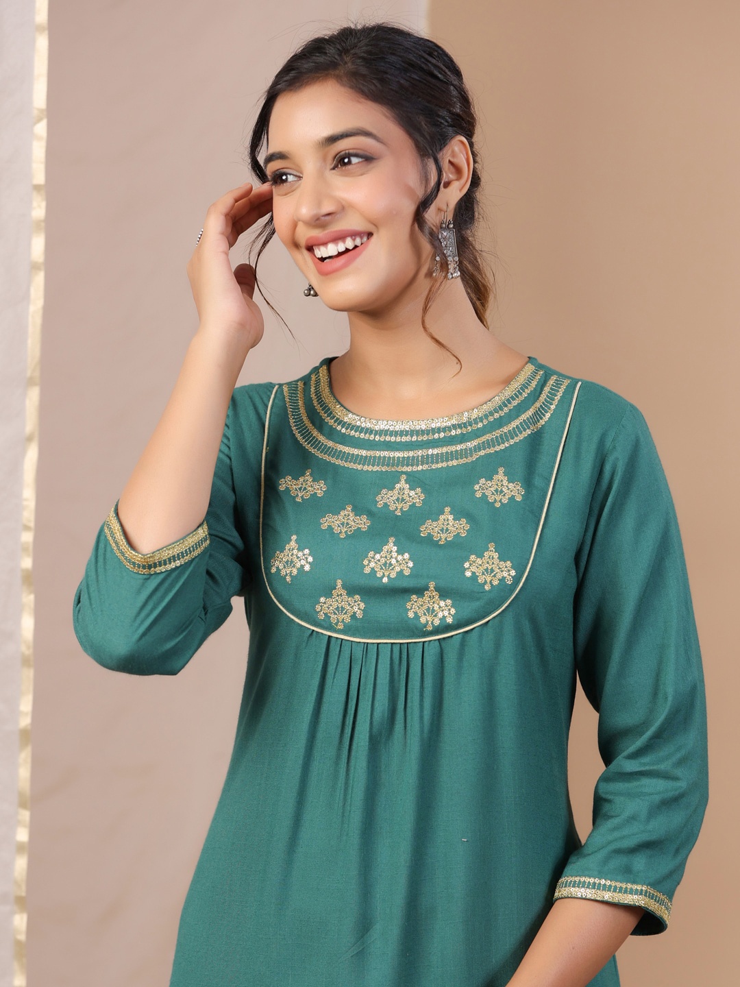 

Sangria Thread Work Detailed Straight Calf Length Kurtas, Green