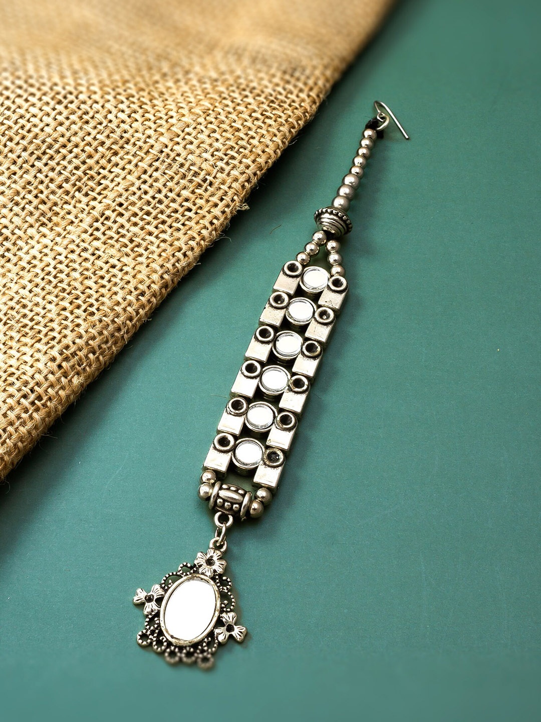 

aadita Silver-Plated Mirror Work Maangtikka