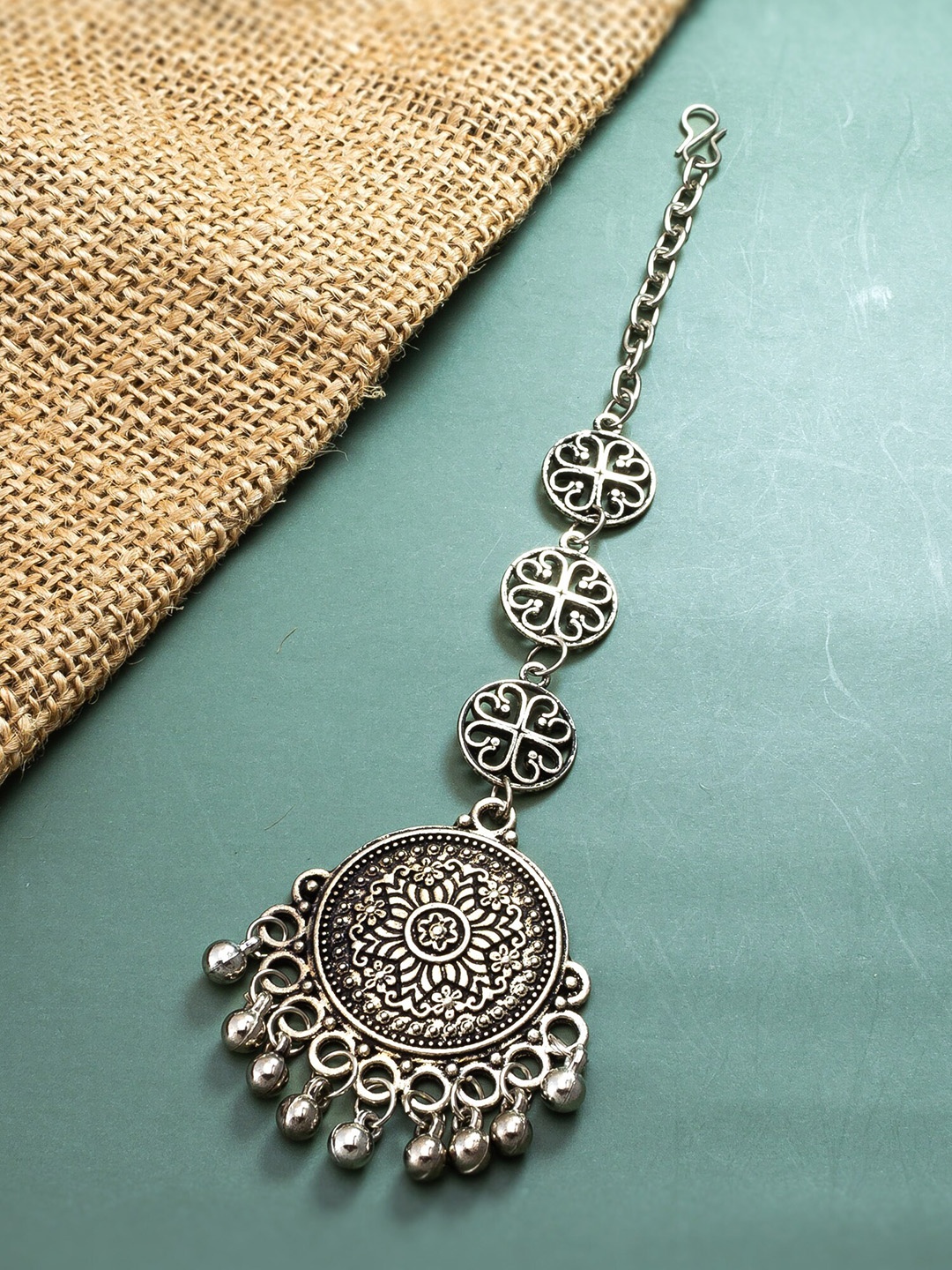 

aadita Silver-Plated Oxidised Maangtikka