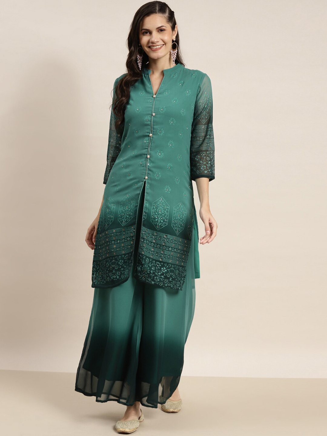 

Jompers Ethnic Motifs Foil Printed & Ombre Mandarin Collar Multiple Slits Georgette Kurt, Green